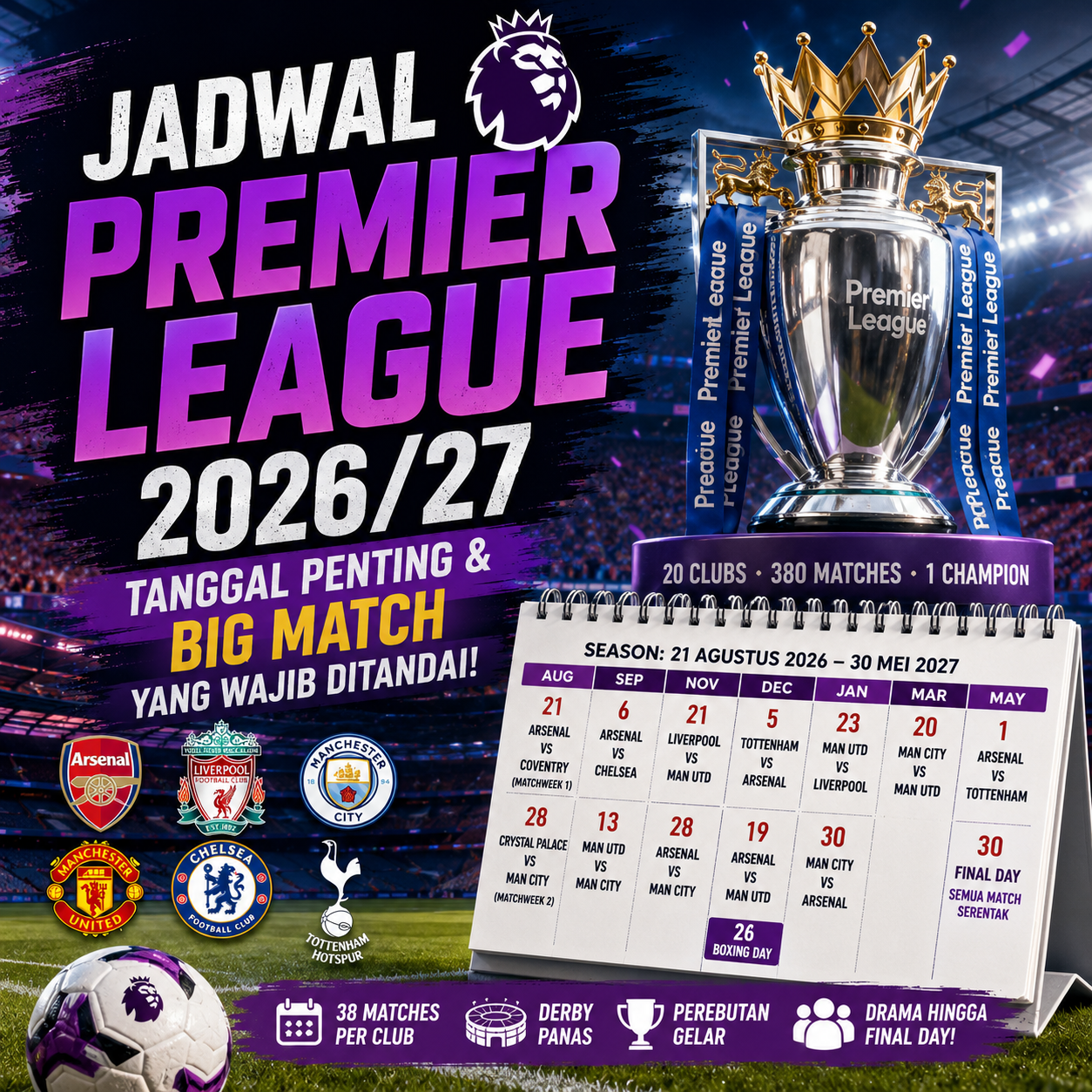 Jadwal Premier League 2026/27: Tanggal Penting dan Big Match yang Wajib Ditandai